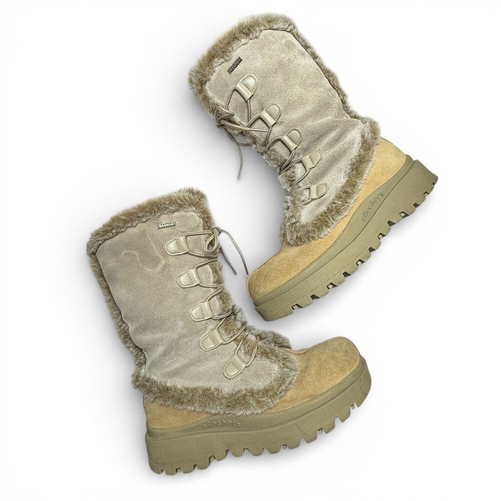 Y2k Skechers Lace Up Chunky Platform Boots Size 8 Faux Fur Suede Trashy Steppers